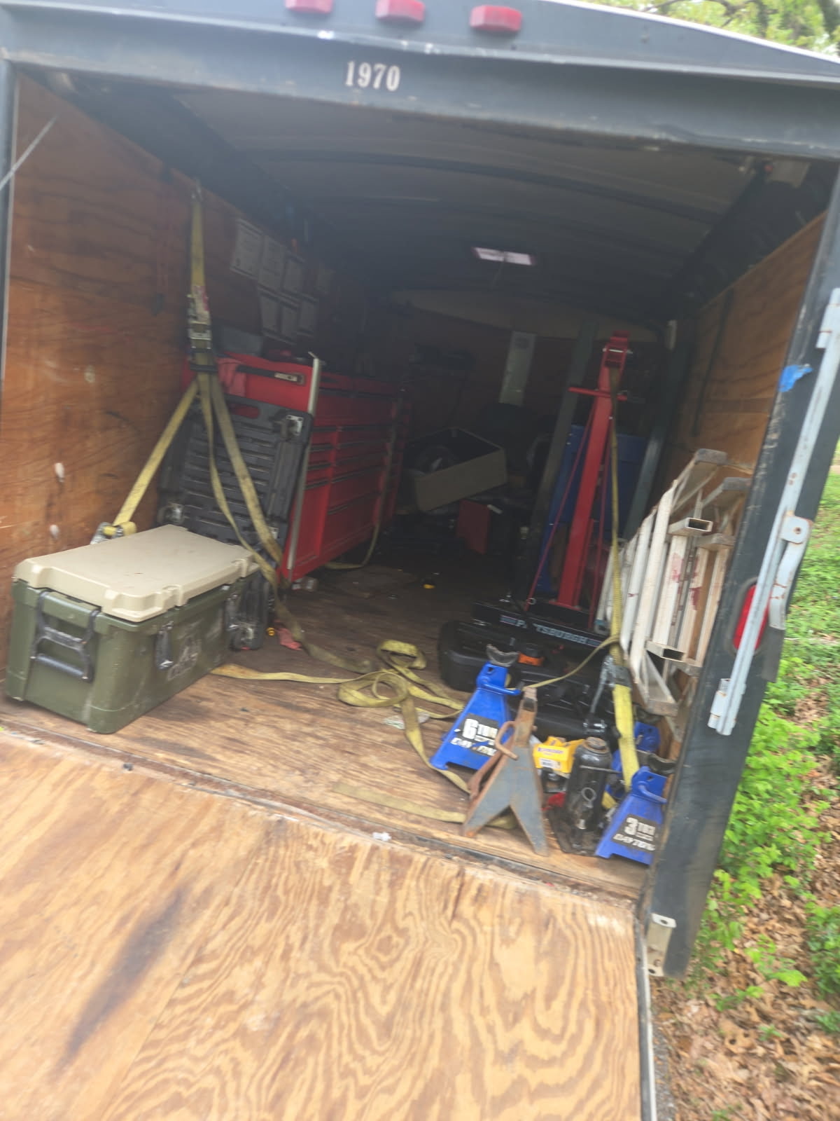 Interior of tool trailer showing professional equipment